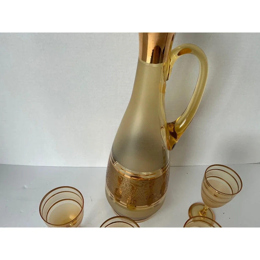 Bohemia Crystal Vintage Amber Glass Decanter Set Gold‎ Encrusted Floral 5pc MCM